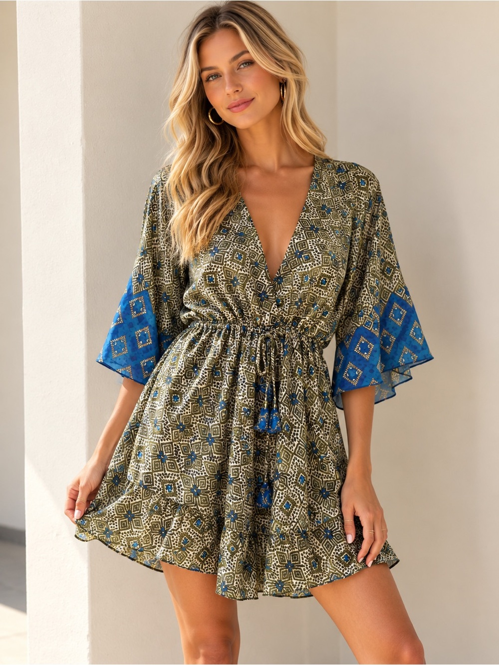 Zara Olive Green & Royal Blue Printed Dress